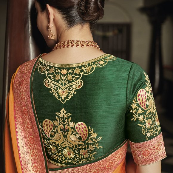 JHEAPS PAPAYA ORANGE ZARI WOVEN PAITHANI SILK SAREE WITH DESIGNER BLOUSE - Picture 2 of 5